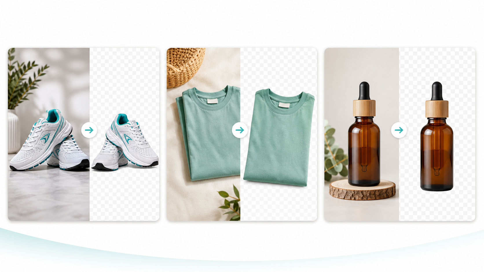 Three product photo background removal examples